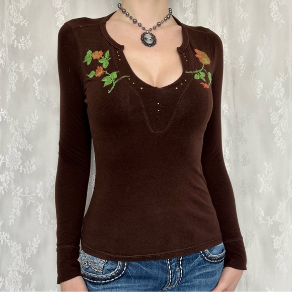 Point Zero Tops - Y2K 2000s Fairycore Brown Long Sleeve Top